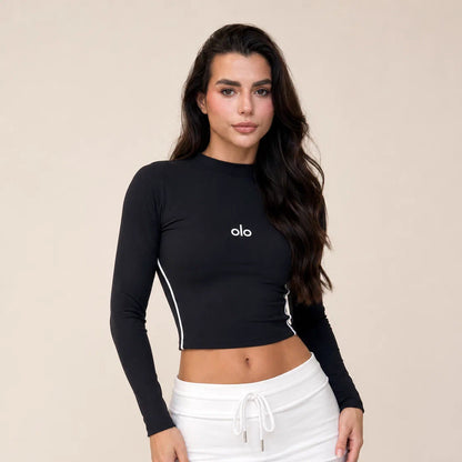 Side-Piped Long-Sleeve Crop Top